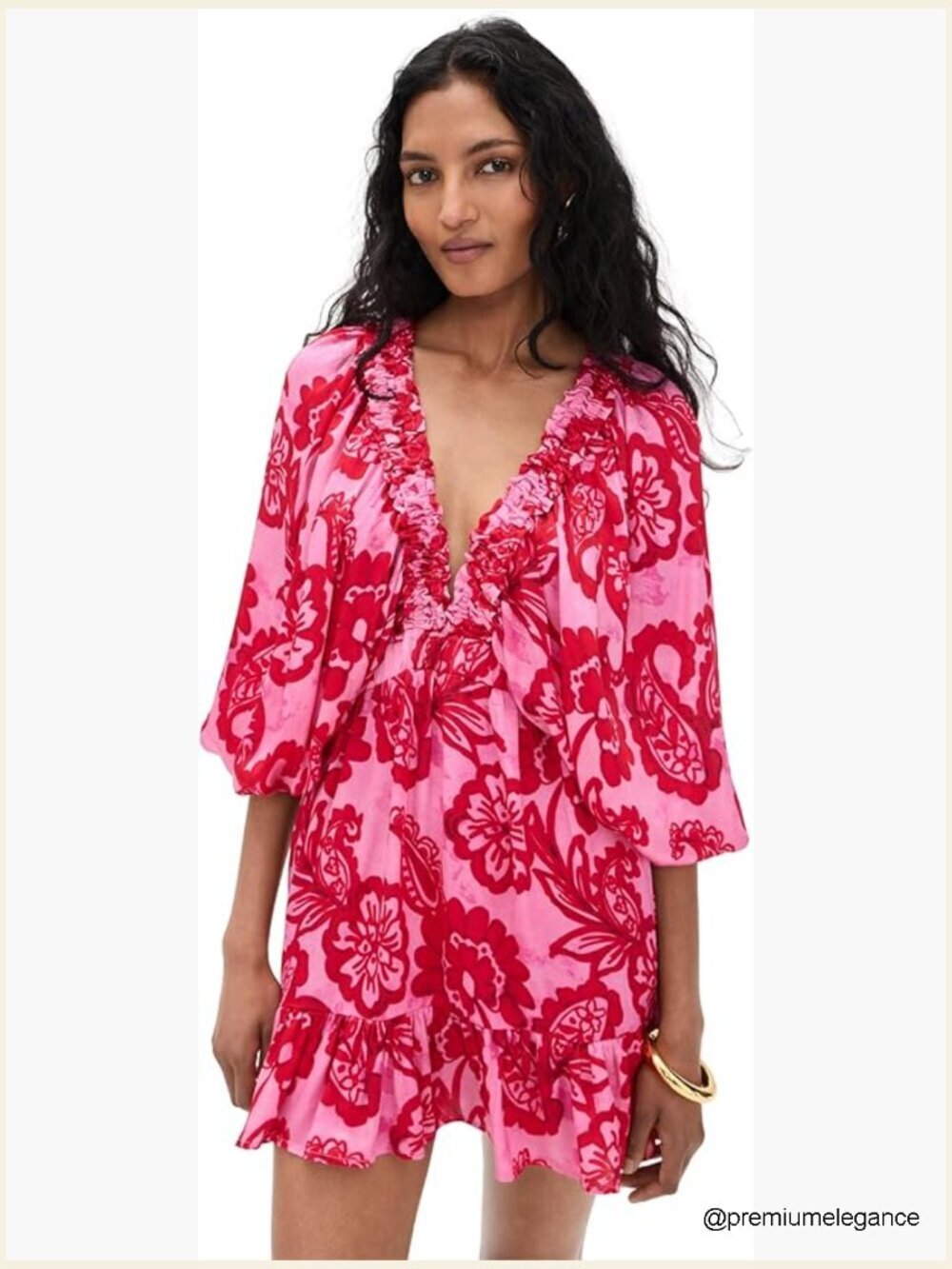 V-Neck Mini Dress with Ruffle Hem and Puff Sleeves